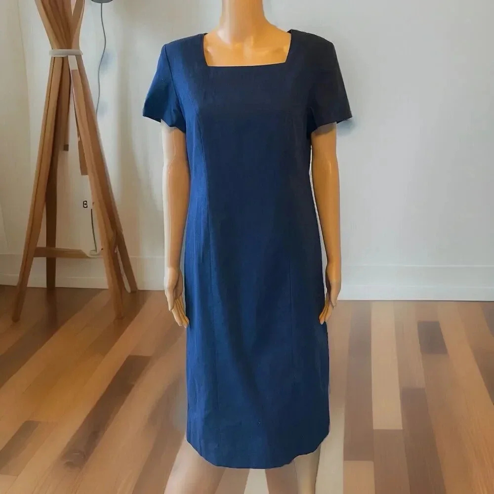 Chadwick's LinenBlend Midi Dress Sz 8p Vintage Chartreuse Career Slit Lined Navy